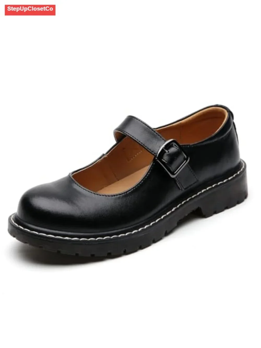 XMM Mary Jane Shoes Women Oxfords Leather Round Toe Flats Non-Slip Ankle Buckle